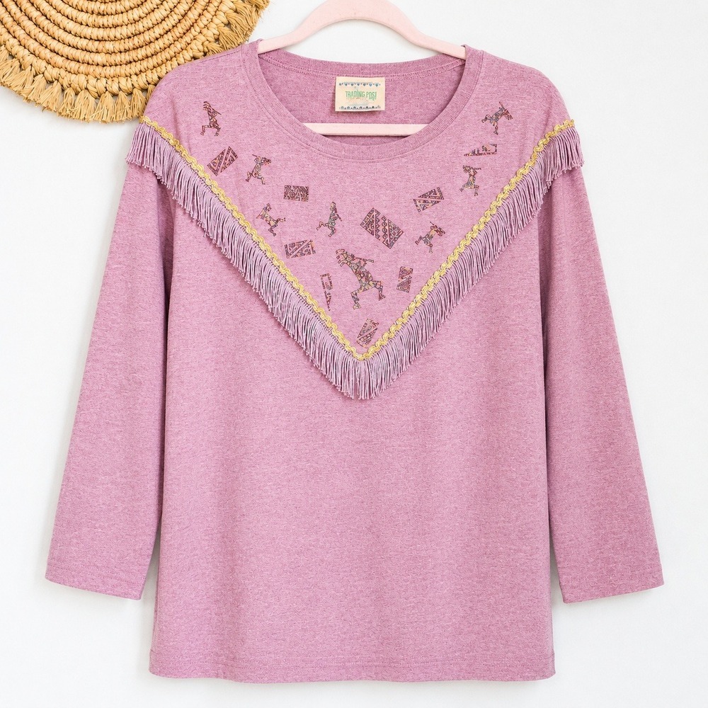 Hazelwood Southwestern Vintage Pink Western Fringe Knit Tribal Top SZ Large - Picture 9 of 9